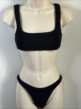 Kut Swim Stretchy Chic Crinkle Stretch Black Square Neck Bikini Set